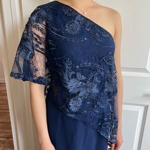 NWT Tahari Arthur S. Levine Navy Blue One-Shoulder Embroidered Lace Gown, Size 4